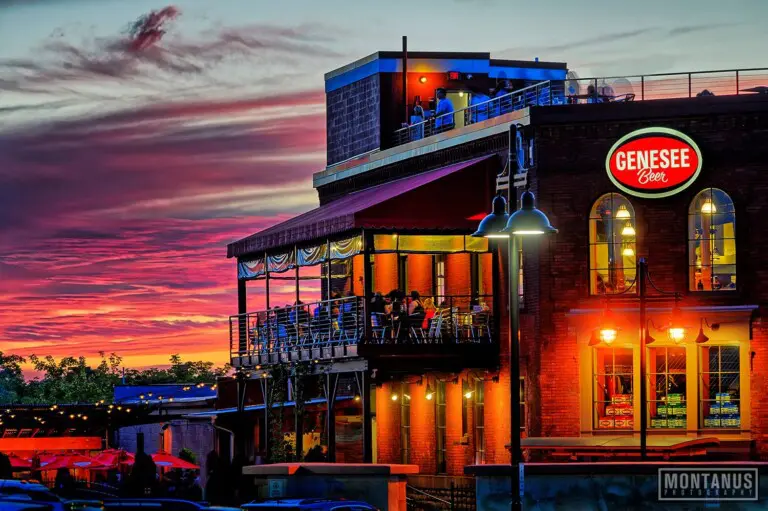 Genesee Brew House Rochester NY restaurant sunset view exterior