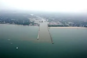 Lake Ontario and Genesee River Rochester NY water color contrast aerial view