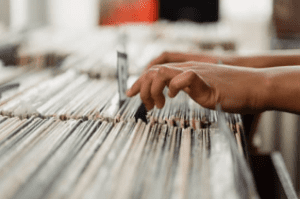 Record shelves filled with albums at Bop Shop Records Record shelves filled with albums at Bop Shop Records