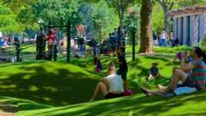 Visitors relaxing in Washington Square Park