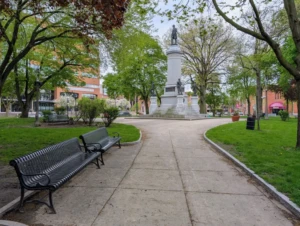Benches and walking paths in Washington Square Park